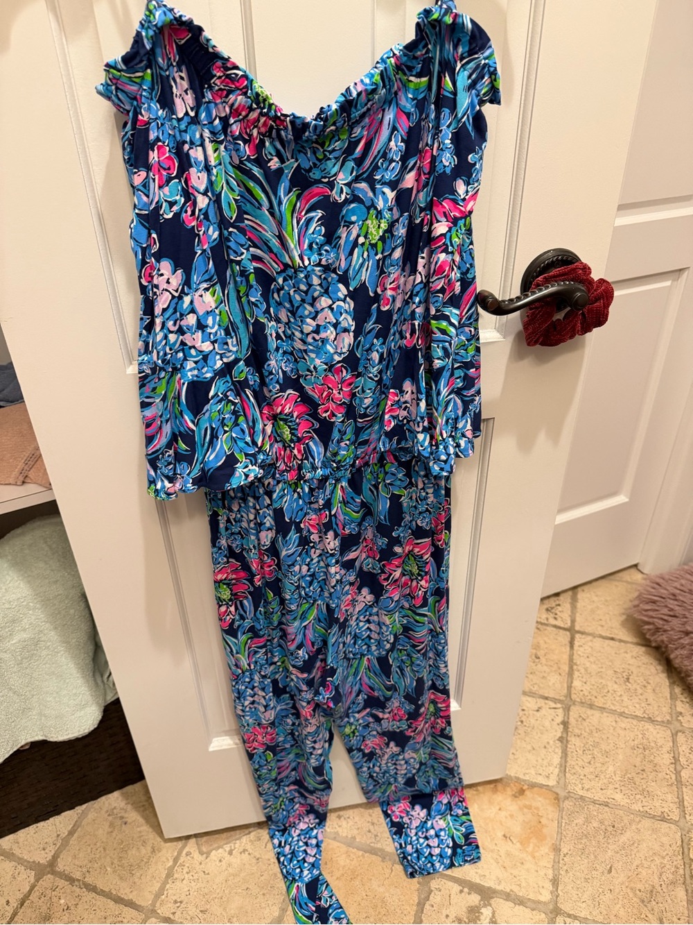 Lilly Pulitzer Navy Floral Off-Shoulder Romper with Pink & Green Accents